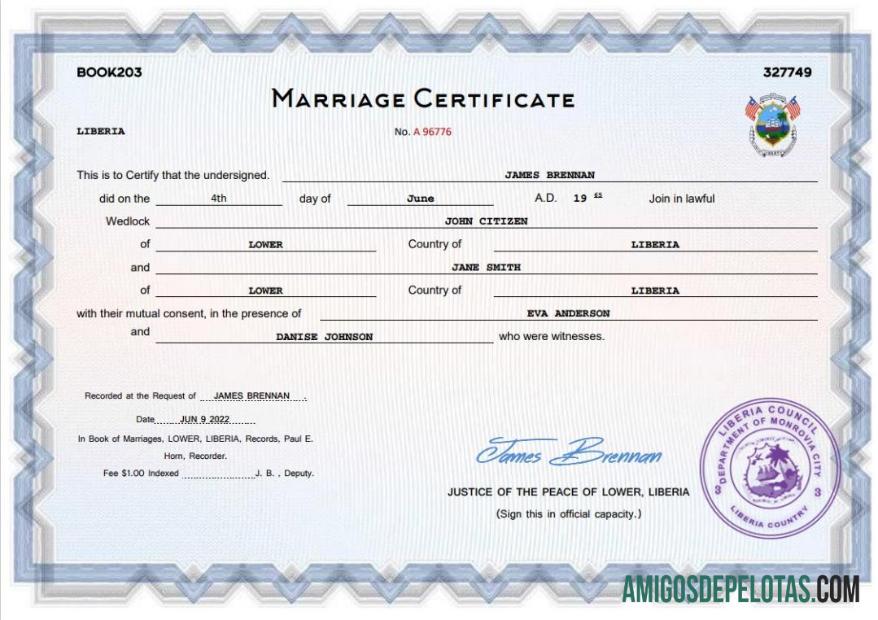 Imprimível modelo Word e PDF de certidão de casamento da Libéria